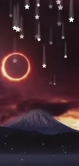 Solar eclipse with stars over mountain landscape in night sky.