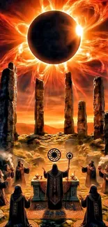 Fantasy scene with eclipse and ritual at stone circle.