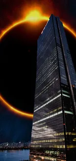 Skyscraper with luminous solar eclipse in the night sky, reflecting in city skyline.