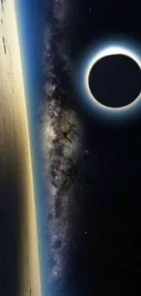 Mobile wallpaper of a solar eclipse over a galaxy in space.