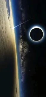 Solar eclipse view from space with Earth's shadow.