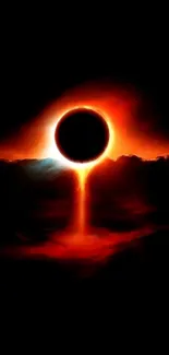 Dark eclipse with a vibrant, fiery red glow and black background.