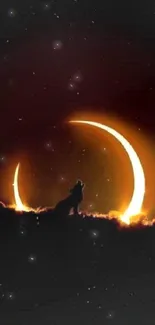 Wolf silhouette with eclipse in the background, creating a captivating scene.