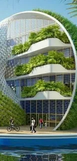 Eco-friendly architectural wallpaper with greenery and modern design.