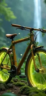 Bamboo bicycle in a lush forest setting with glowing green wheels.