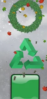 Snowy Christmas tree with green wreath and recycle symbol on mobile wallpaper.