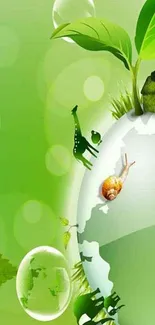 Green eco-themed wallpaper with leaves and planet imagery.