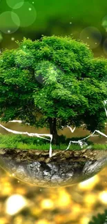 Green tree in a transparent globe over earthy background.