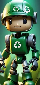 Eco-friendly robot with a recycling symbol amidst greenery.