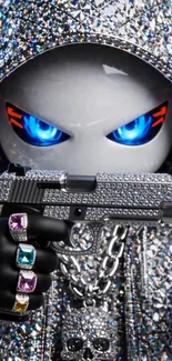 Edgy animated character with gems and gun.