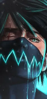 Anime boy with mask and dark blue glowing background.