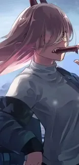 Anime character with pink hair and a biting expression.