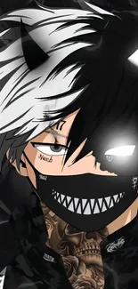 Anime character with black and white hair, wearing a mask, in a dark setting.