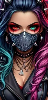 Anime girl with multicolored hair and mask in edgy style.