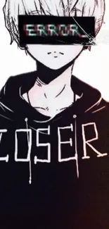 Edgy anime boy with glitch effect and bold lettering on hoodie.