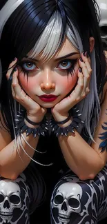 Edgy anime girl with gothic style and skull tattoos in a detailed illustration.