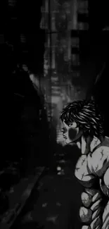 Black and white anime wallpaper featuring character in a dark cityscape.