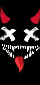 Edgy wallpaper with devil horns, sharp teeth, and crossed eyes on black background.