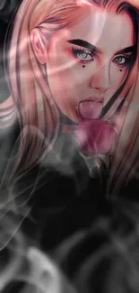 Artistic woman with smoke creates a stylish smartphone wallpaper.