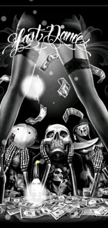 Black and white mobile wallpaper with edgy artistic design including skulls and money.