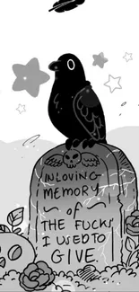 Black and white raven on tombstone illustration with stars.