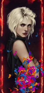 Edgy blonde character on dark purple background wallpaper.