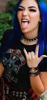 Edgy individual with blue hair and rock-inspired style on a phone wallpaper.