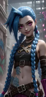 Anime-style character with blue hair in an urban setting.