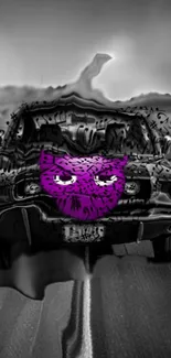 Distorted car art with purple mask on road.