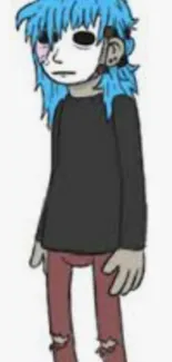 Edgy cartoon character with blue hair and black outfit on mobile wallpaper.