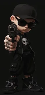 Edgy cartoon character in dark attire holding a prop.