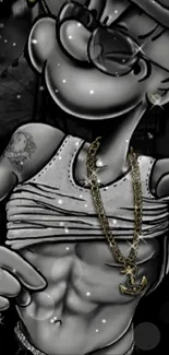 Gray cartoon character with tattoos and chains on a dark background.