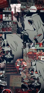 Edgy cartoon collage wallpaper with dark red tones.