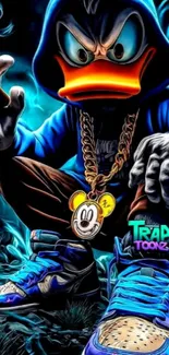 Cartoon duck with urban style design in vibrant colors.