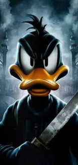 Edgy cartoon duck with large knife