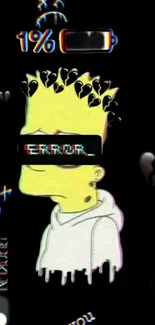 Cartoon character with error message and 1% battery symbol, in edgy style.