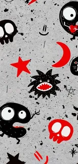 Gray edgy cartoon graffiti wallpaper with quirky skulls and stars.