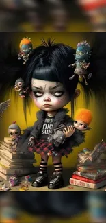 Cartoon punk character with dolls and books in an edgy design.