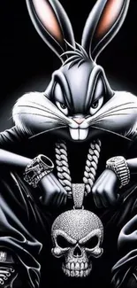 Cool cartoon rabbit with chains on a dark background.