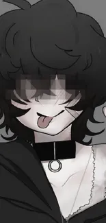 Edgy character with dark hair waving in monochrome style.