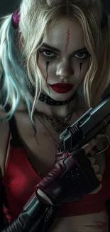 Blonde character holding gun in dramatic, edgy wallpaper.