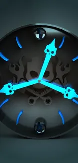 Clock with skull design and blue accents wallpaper.