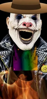 Edgy clown with a leather jacket and wide-brimmed hat on a dark background.