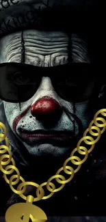 Edgy clown with sunglasses and dollar chain, creative mobile wallpaper.