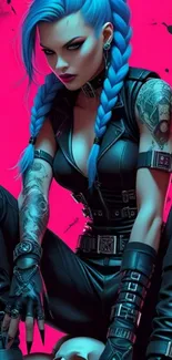 A vivid cyberpunk character with tattoos and blue hair on a hot pink background.