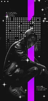 Cyberpunk hooded figure with neon accents.