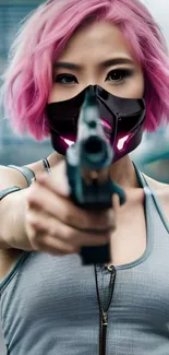 Masked woman with pink hair in cyberpunk style.