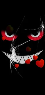 Edgy wallpaper with dark smile and red hearts on a black background.