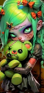 Edgy doll with green hair holding a teddy, vibrant and artistic wallpaper.