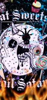 Edgy donut art wallpaper with candy and flaming background.